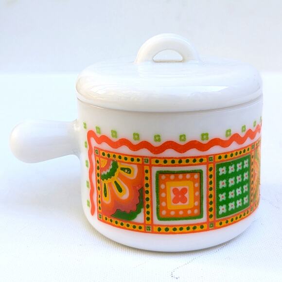 Vintage 1970s Avon Milk Glass Jar Unopened Candle Orange Green Yellow Mod Design - Picture 7 of 12